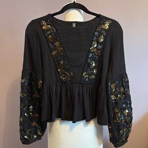 Anthropologie Black and Gold Embellished Peplum Blouse